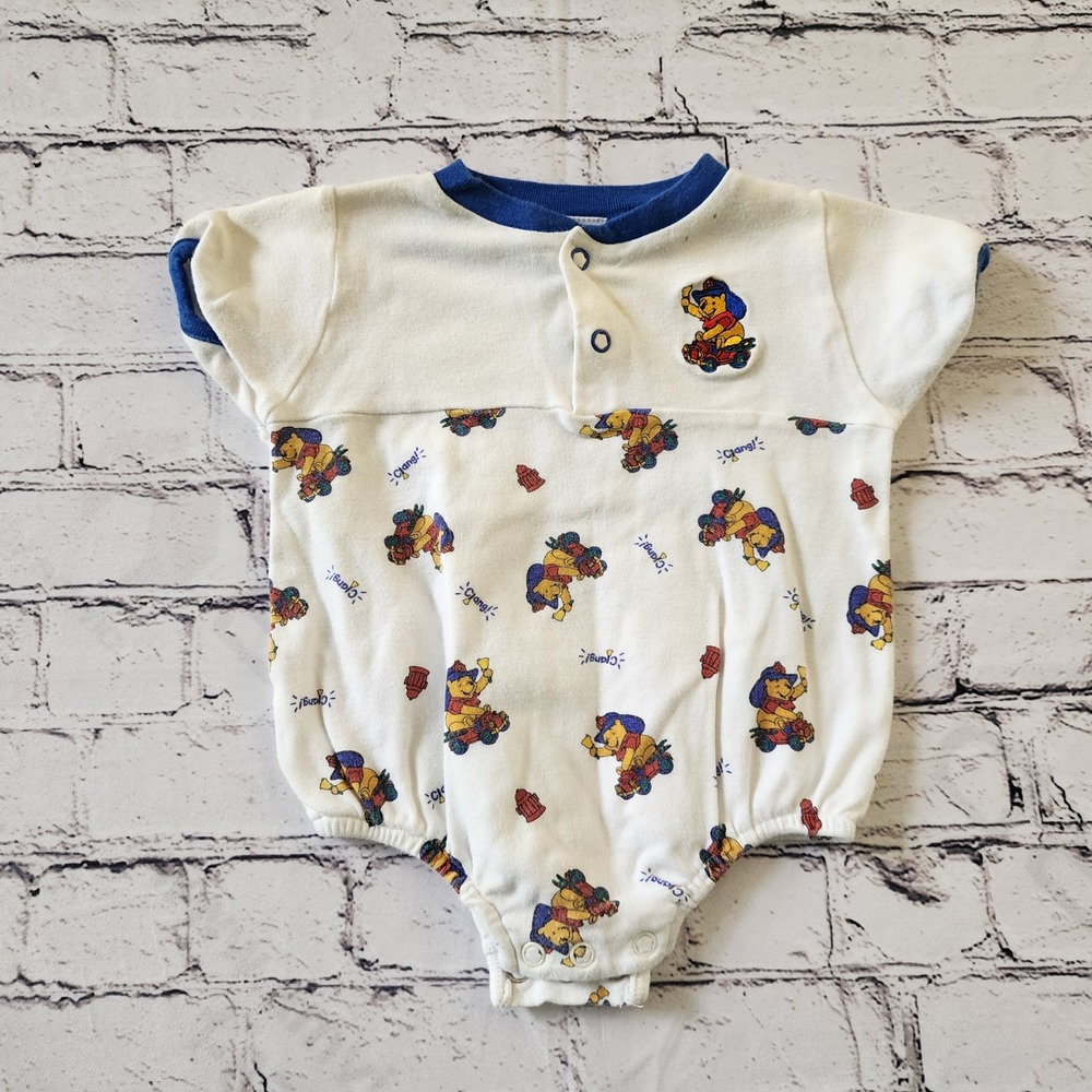 Vintage Disney Pooh Firefighter Baby Romper 3-6 Months White Blue 50016